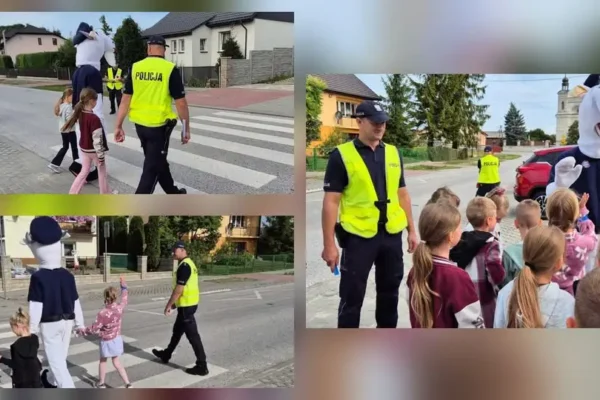 Policjanci z Włoszczowy edukują dzieci w Koniecznie o bezpieczeństwie na drodze