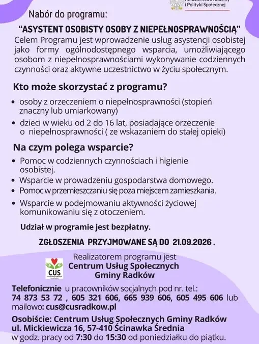 Gmina Radków: rusza nabór do programu „Asystent osobisty osoby z niepełnosprawnością” – edycja 2027
